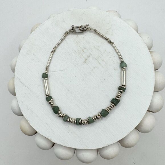 Vintage 950 Silver Nephrite Jade Stone Bead Bohemian Dainty Bracelet 5.7g 7” - Picture 6 of 12